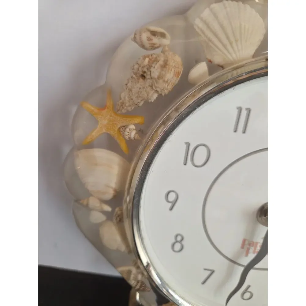 Shell Shaped Lucite Clock Embedded Seashells Wall Hanging Takes 1.5 V Battery